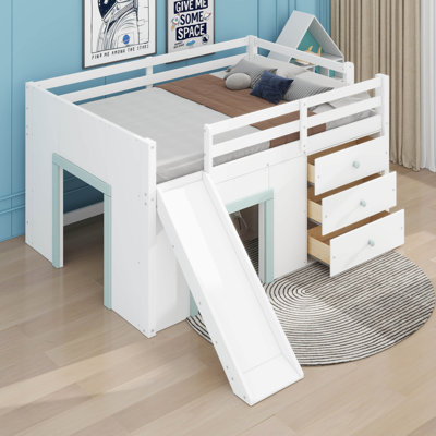Base de lit mezzanine en bois avec trois tiroirs de rangement et deux portes