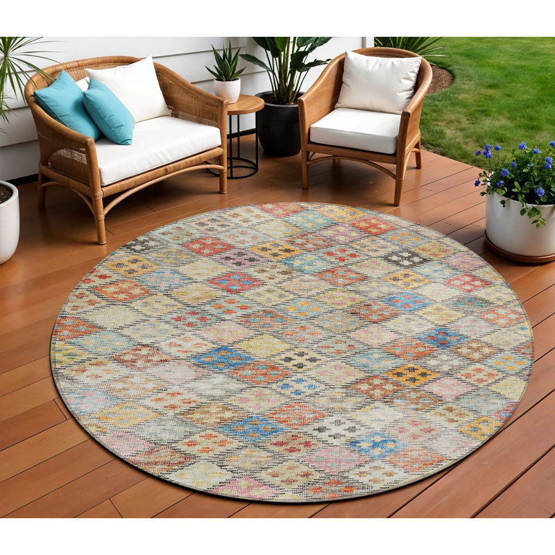 Tapis intérieur / extérieur rond en terre cuite beige et bleu sarcelle 8 pi HomeRoots