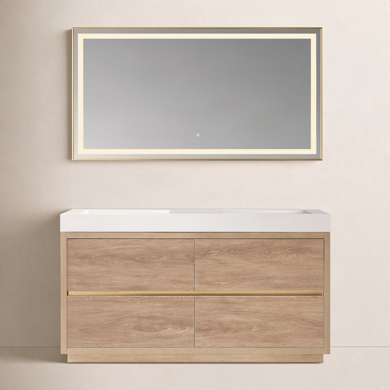 Ensemble de meuble-lavabo double 60 po avec miroir Huesca, Chêne nord-américain, Blanc