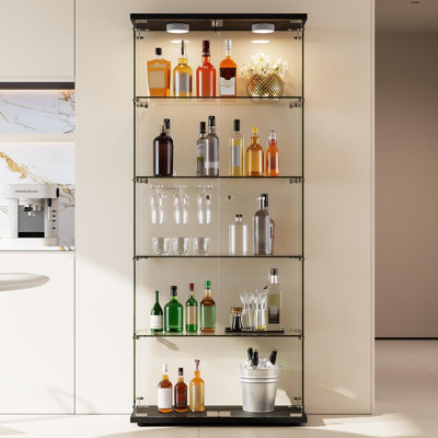 5 Shelves Display Cabinet with Tempered Glass Door and LED Light & Lock for Living Room and Dining Room