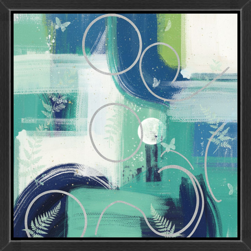 Abstrait fougères en bleu et vert - Art mural sur toile encadrée, 36" H x 36" W, Brown