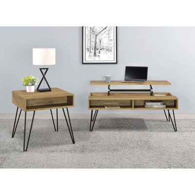 Table basse à plateau relevable en chêne doré et noir avec configuration rectangulaire, espace de rangement dissimulé, placage à structure en bois, esthétique naturelle, pieds en métal pour les espaces de vie primaires