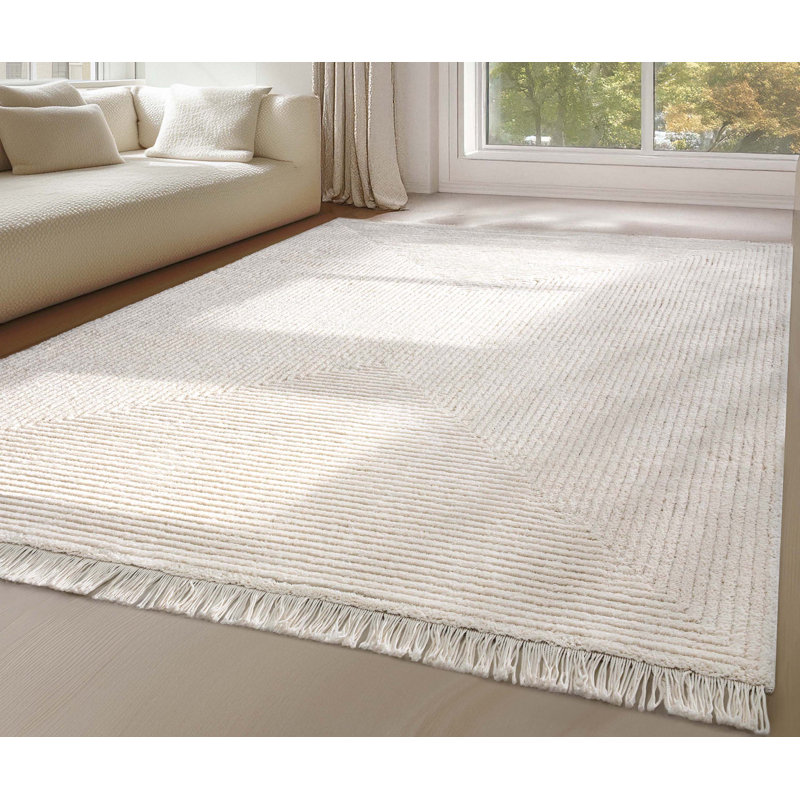 Monroe Solid & Striped Textured Ivory Ultra Soft High-Low Shag Rug, Rectangle 7'10" x 9'10"