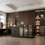 Black Woodgrain Closet Island With LED Lighting & Glass Doors