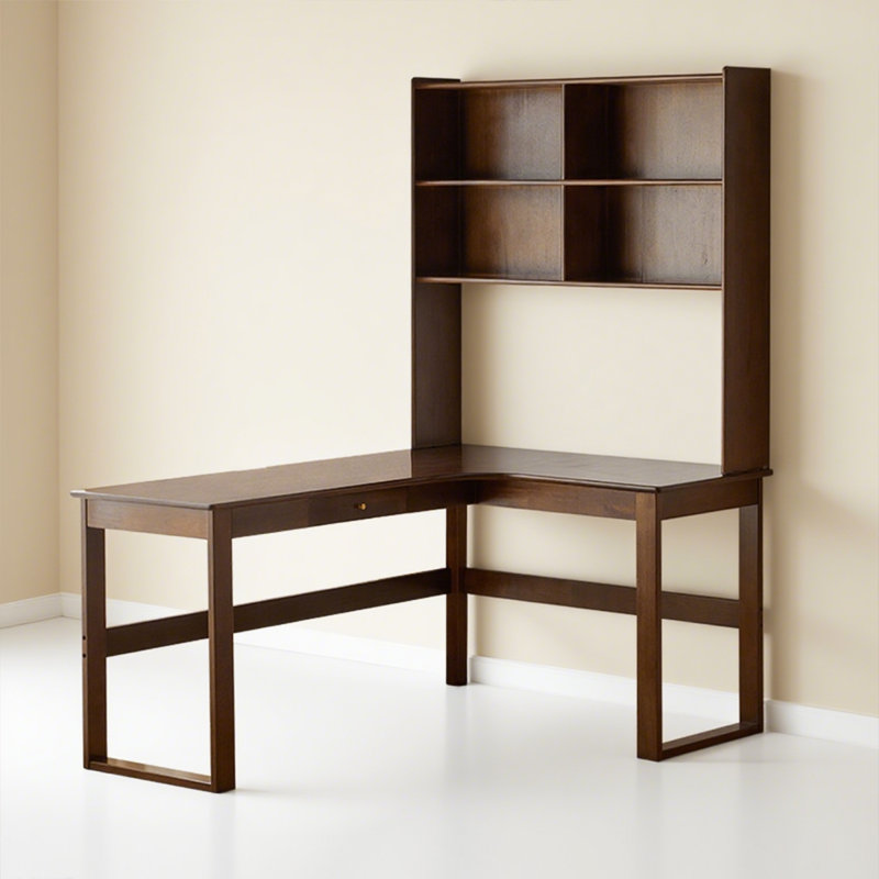 Bureau en L en bois massif avec bibliothèque, H 74,8 po x l 62,99 po x P 47,24 po, Brun