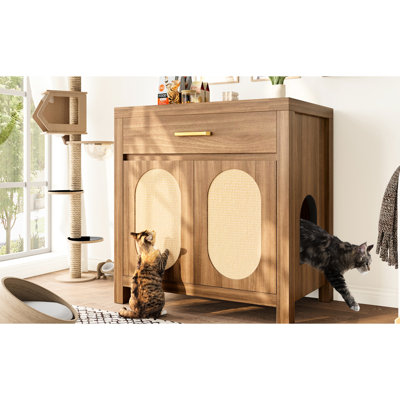 Multi - Purpose Cat Litter Box Enclosure, Wooden House Cabinet, , Storage Drawer For Trash Bags, Scratch Pads, Expandable Suite, Sealing Strip Reinforcement Washroom Table, , Two Room Expandable,