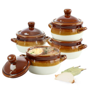 Stock Your Home French Onion Soup Crocks with Handles & Lids (4 Pack) - 15  Ounce Oven Safe Soup Bowls - Two-Toned Brown & Ivory Porcelain Soup Crocks