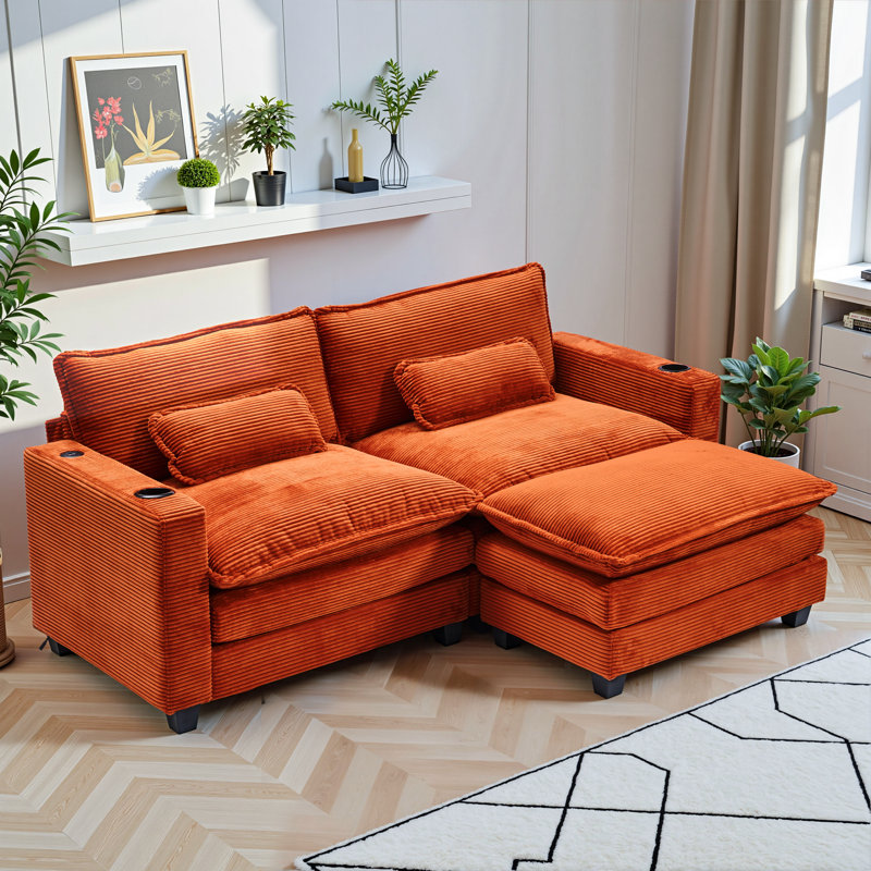 Corduroy Modular Sectional Sofa for Small Spaces - 81.49" Oversized 2-Seater Loveseat with Ottoman, Built-in Cup Holders & USB Ports, Plush Cloud Design, Orange - Modern Living Room Furniture
