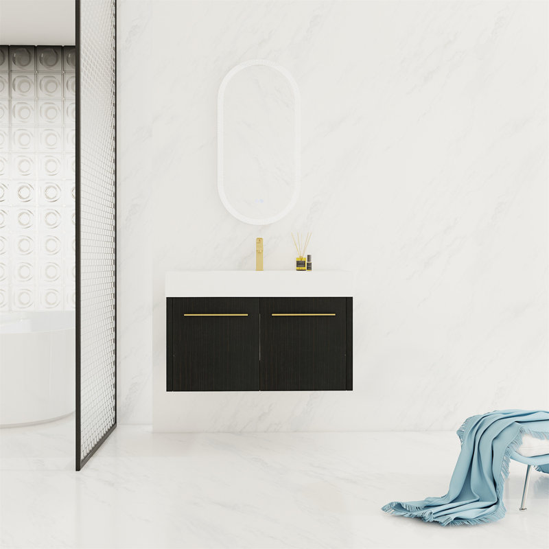 36 Inch Wall-Mounted Bathroom Vanity With Sink, Thick Edged Resin Basin, KD-Package