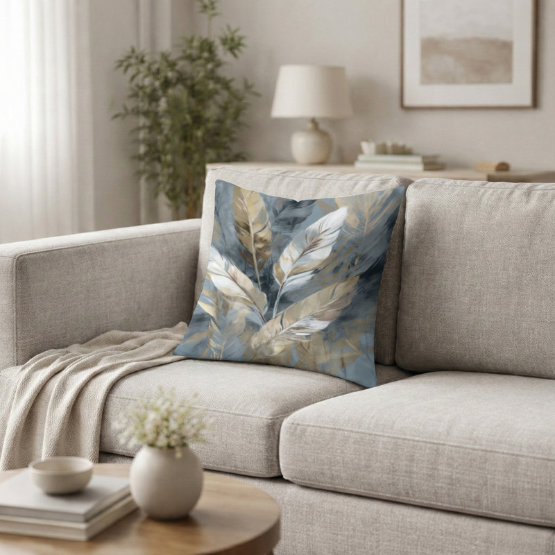 Coussin Boho Feather - Or et gris, H 16 po x l 16 po