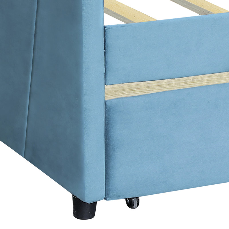Twin Size Daybed With Two Drawers And Enchanting Upholstered Glamour - Blue Wood Slat In Installation, Blue