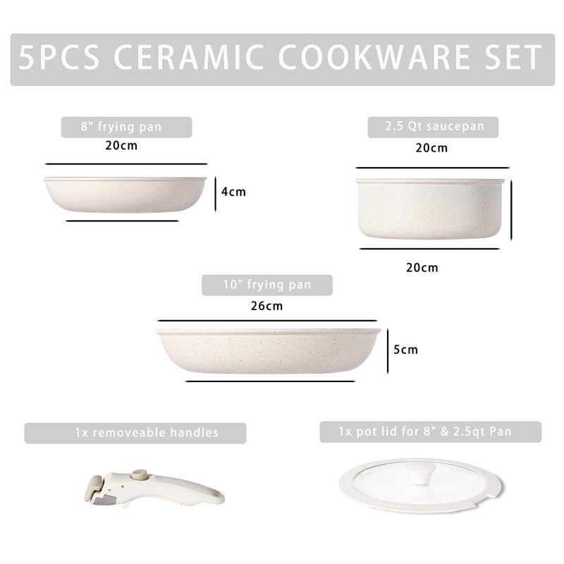 5-Piece Ceramic Non-Stick Cookware Set with Removable Handle, Pink