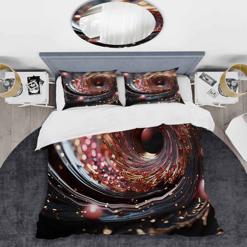 Ensemble de housse de couette spirale abstraite dorée et rose hypnotique II