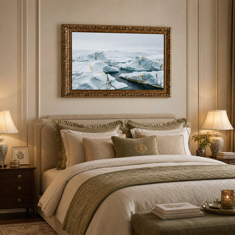 Icebergs glaciaires aux veines dorées dans une eau sombre - Tableau sur toile, 16"H x 24"W