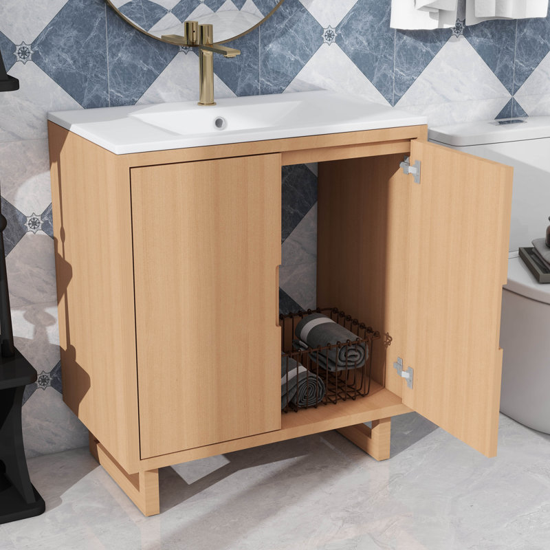 Ensemble de meuble-lavabo élégant avec lavabo en résine, Bois robuste, 30.1", Trou simple