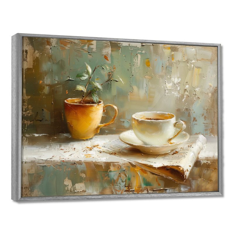 Tasse de café blanche et beige blanche - Art mural café, H 24 po x l 32 po, Encadrement argenté