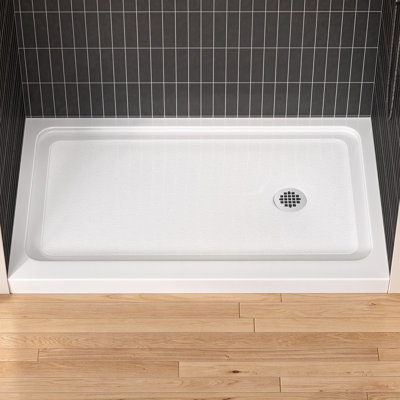 48 in W x 30 in D Rectangular White Acrylic Shower Base with Right Drain Low Threshold 3 Sided Tile Flange Drain Assembly