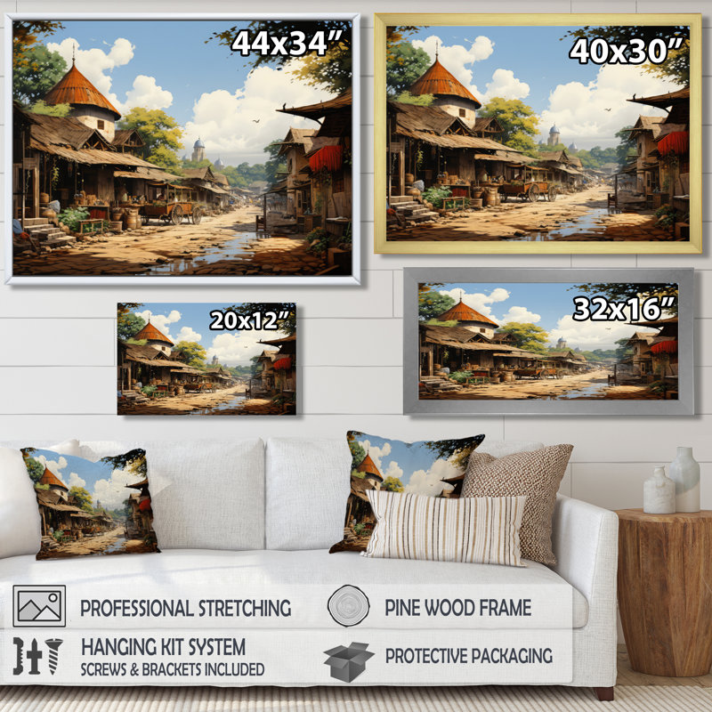 «African Market Bazar», reproduction d'art sur toile, Cadre flottant blanc, H 34 po x l 44 po x P 1,5 po