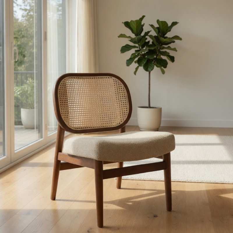Fauteuil d'appoint Nécy, dossier tissé en rotin, siège rembourré brun chameau
