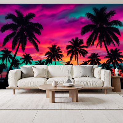 Neon Peel and Stick Wallpaper Vibrant Tropical Sunset Silhouetted Palm Trees Calm Water Wall Murals 69"H x 96"W Removable PVC Wall Paper Self-Adhesive Wall Decor for Bedroom Living Room Home Office