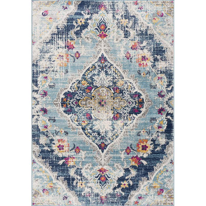 Tapis médaillon bleu et ivoire, Rectangle 3 pi x 5 pi