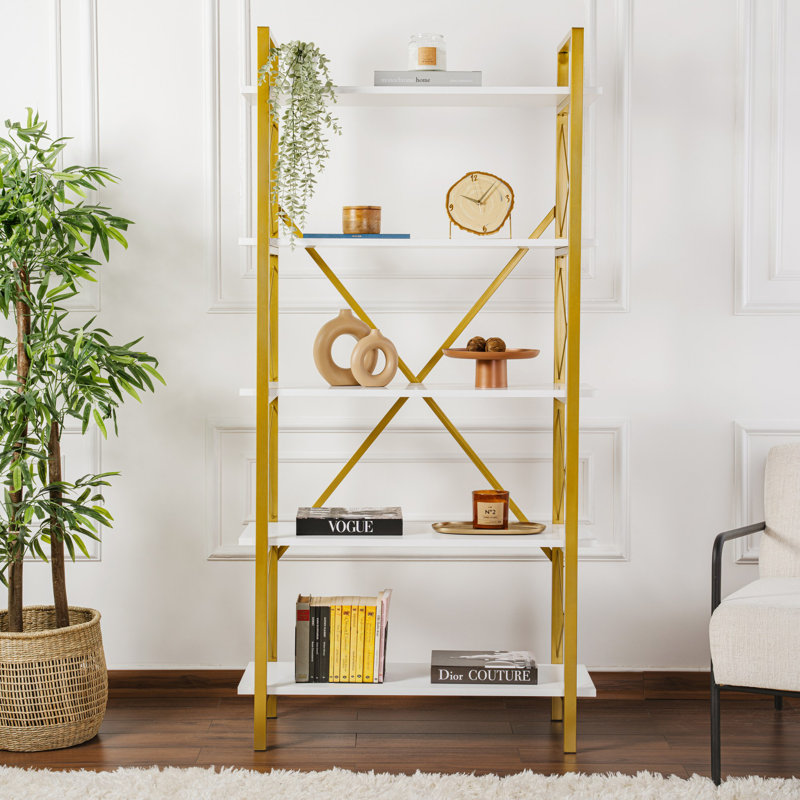 Bibliothèque moderne blanc et or, 35,4 x 70,9 x 13,4 pouces | Panneau de particules 100% enduit de mélamine, structure en métal avec finition électrostatique séchée au four | Nombreuses tablettes, solution de rangement murale et élégante pour la maison ou le bureau