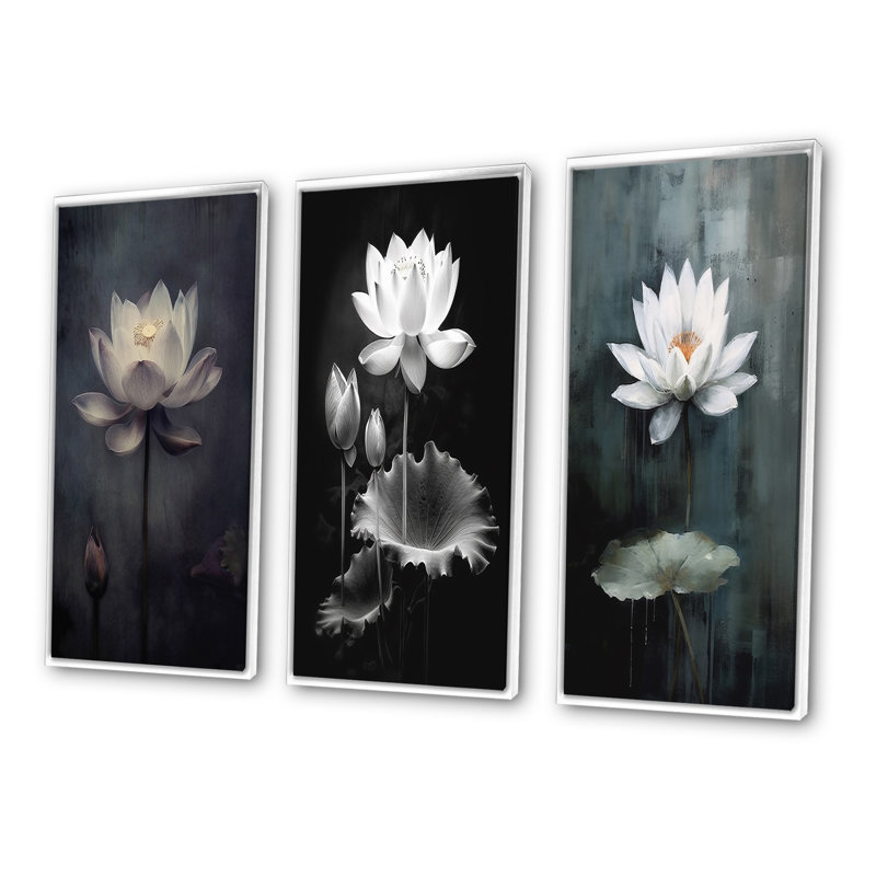 «Grey Monicolen Lotus Symphony», 3 pièces sur toile, Cadre flottant blanc, H 32 po x l 48 po