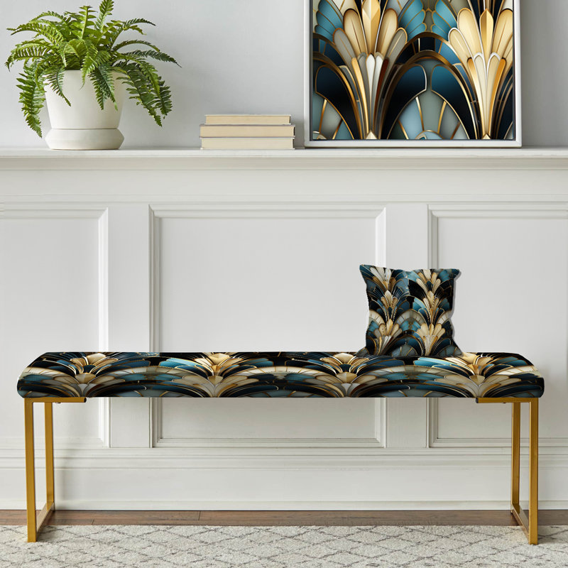 Emerald And White Damask Art Deco - Vintage Upholstered Gold Bench