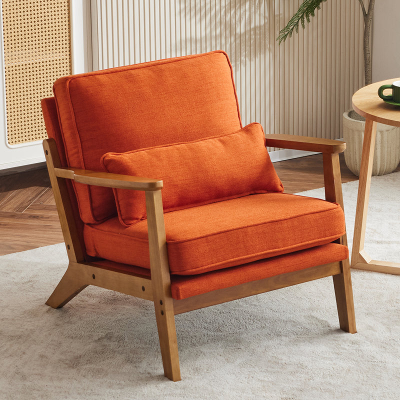Orange Linen Upholstered Accent Chair with Oak Armrest