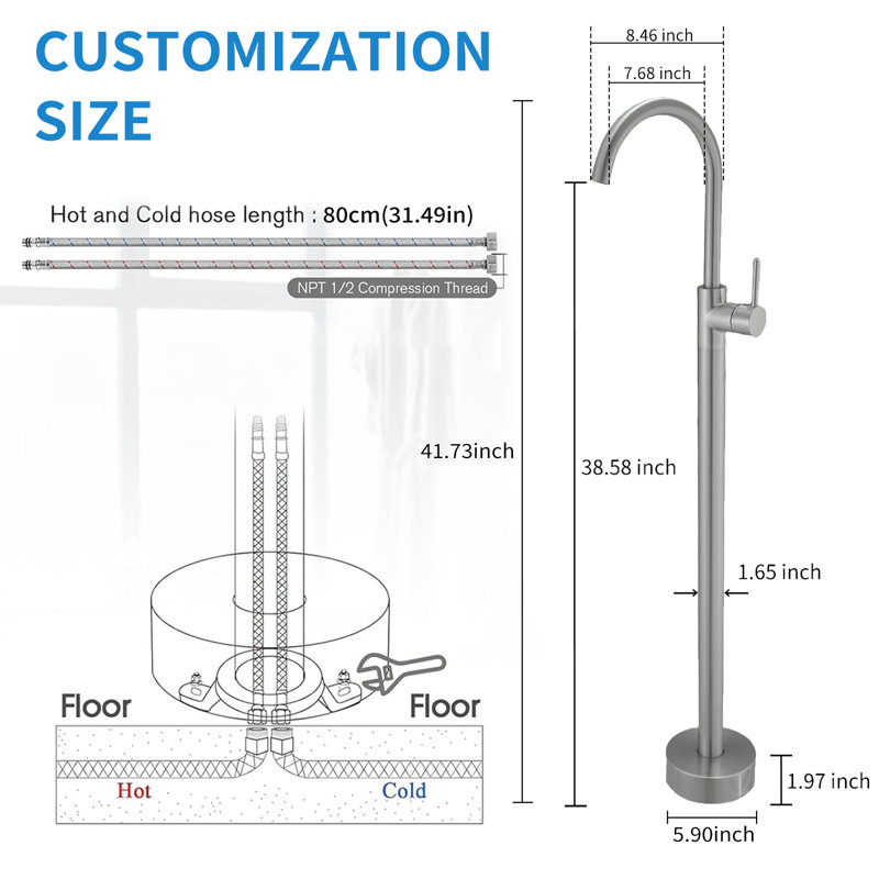 Single-Handle Freestanding Tub Faucet Floor Mount Tub Filler Tub Spout Function Without Handheld Spray, Brushed Nickel