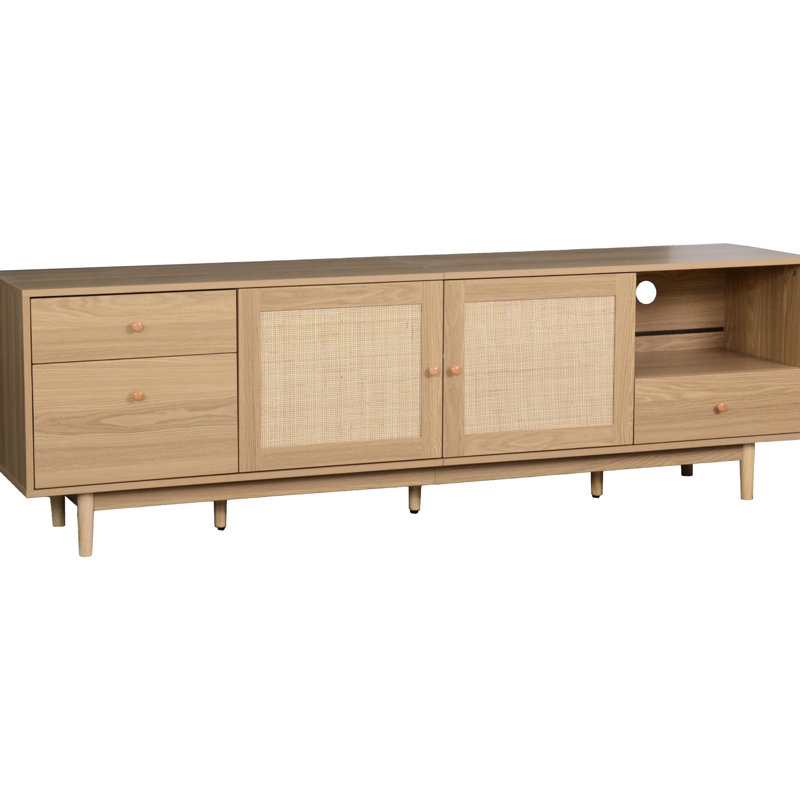 Meuble télé de 85 po avec finition en bois véritable et moderne et options de rangement polyvalentes pour les téléviseurs, les portes et la disposition réfléchie