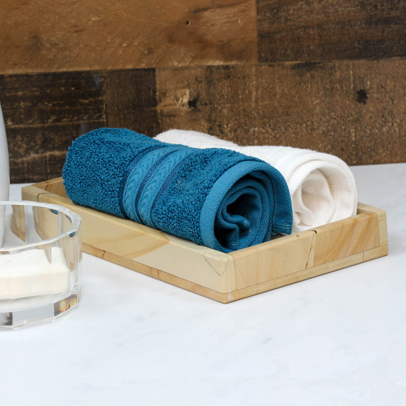Abbigael Marble Teak Bathroom Tray – Natural Marble Vanity Tray Organizer, 10" Rectangular Tray