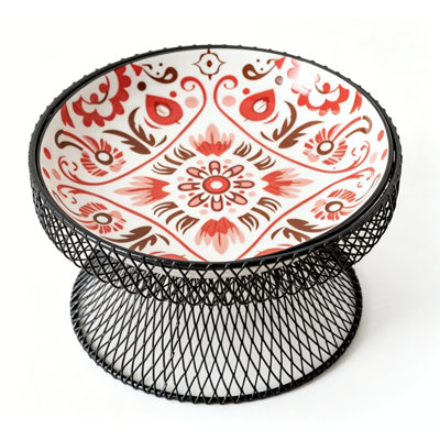 Bohemian Ceramic Elevated Pet Bowl, Neck-Protective Food Feeder For Dogs & Cats,Red