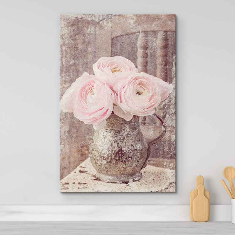 Fleur rétro rétro rose délavée dans une urne Photographie botanique chic Scénique Cool, H 18 po x l 12 po, Toile tendue