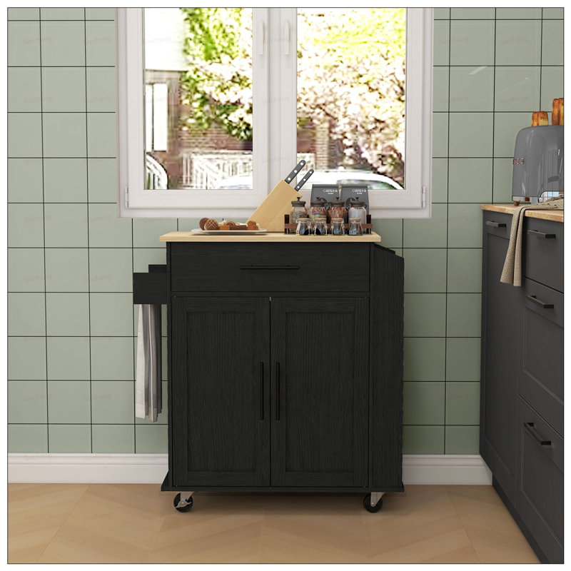 Îlot de cuisine avec rangement, chariot roulant avec prises CA et ports USB, support à micro-ondes avec serviette et support à épices