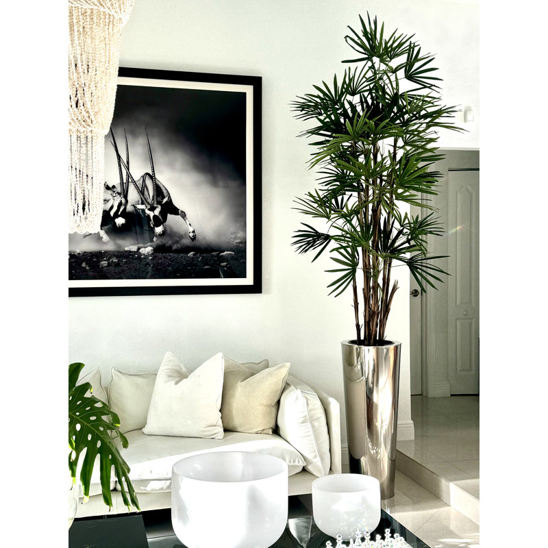 Lady Faux Palm Tree in Metal Planter, Silver, 104" H x 33" W x 33" D