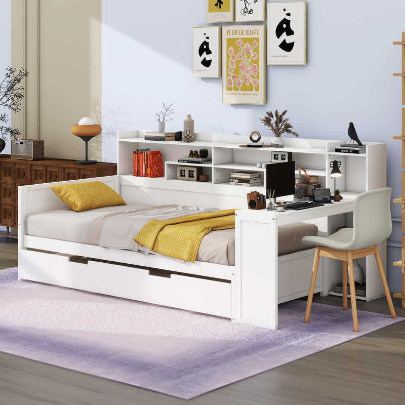 Wooden Daybed With Trundle Bed And Study Desk, Twin, White