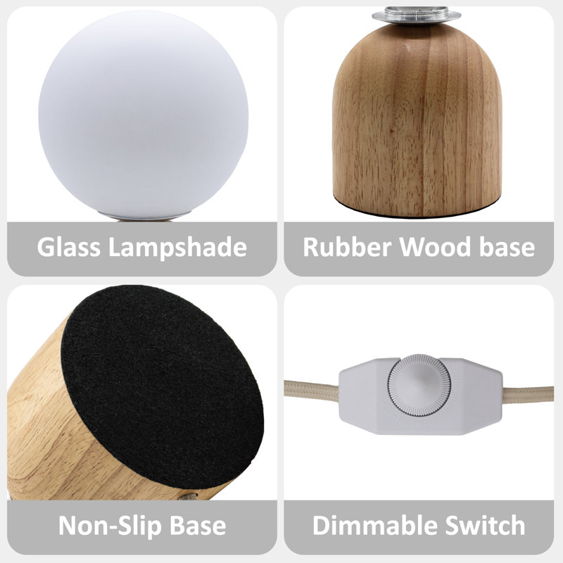 9.8'' Dimmable Opal Glass Globe Table Lamp with Natural Rubber Wood Base and E12 Lamp Holder, cULus Certified for Nightstands, Desks or Dining tables