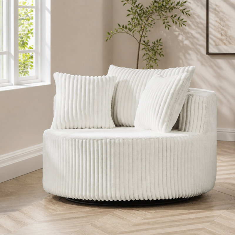 Fauteuil d'appoint surdimensionné pivotant rond avec revêtement moelleux et coussins décoratifs assortis - beige