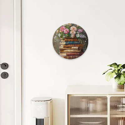 Plaque en métal de style rétro ronde avec livres et fleurs, art mural 8 x 8 pouces, intérieur, extérieur, chambre à coucher, bureau, cuisine, bar, café, jardin