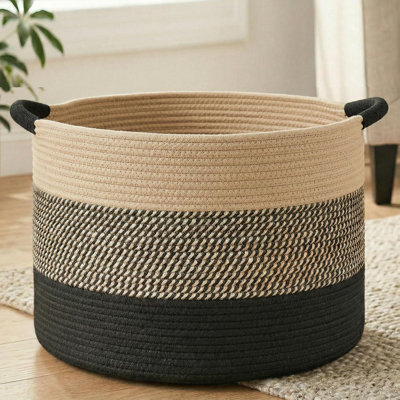 Grand panier en corde de coton, rangement décoratif pour couvertures tissées pour le salon, rangement pour jouets Boho et coffre à jouets pour enfants, panier à linge polyvalent et panier à linge pour les couvertures (noir)