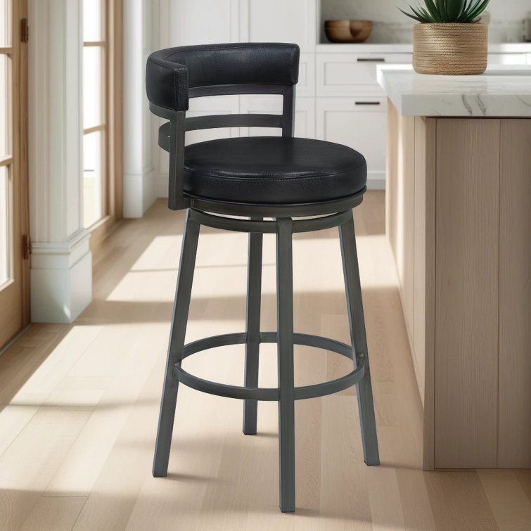 Deherrera Modern Swivel Counter or Bar Stool with Open Low Back and Footrest in Metal and Faux Leather