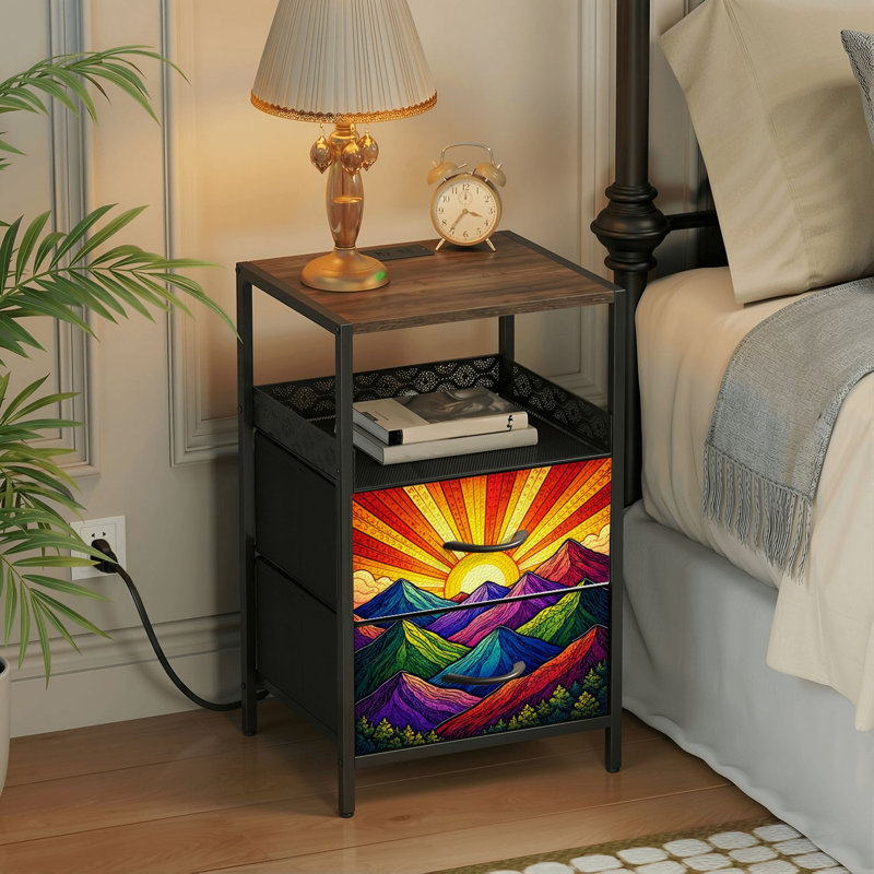 Table de chevet avec station de charge, table de nuit à 2 tiroirs avec ports USB et prises électriques, étagère ouverte, table de chevet noire pour chambre ou salon, imprimé abstrait coloré de paysage de montagne avec lever de soleil éclatant