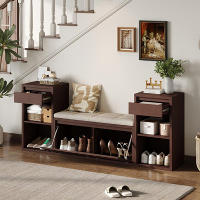 Banc de rangement tout-en-un avec coussin, compartiments, tiroirs et tablettes ouvertes, banc de rangement