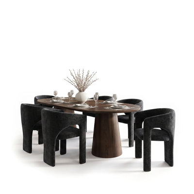 Ensemble de salle à manger rond à ovale extensible avec fauteuils demi-tonneau en chenille
