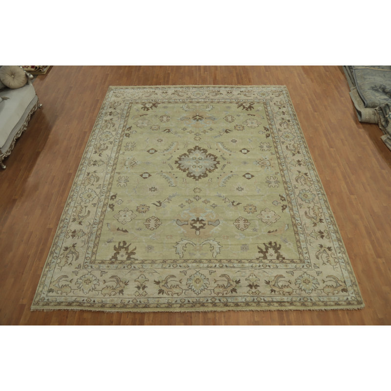 Grand tapis indien fait à la main vert Oushak 12 x 15