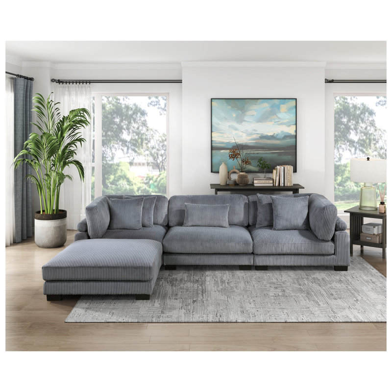 Repose-pieds moderne en velours côtelé gris avec structure en contreplaqué et rembourrage à ressorts ensachés