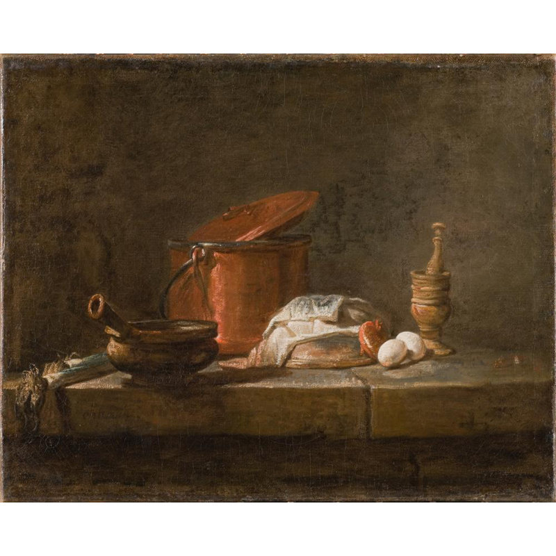 "Nature morte avec des ustensiles de cuisine et des légumes" par Jean Siméon Chardin - Art mural sur toile tendue avec châssis