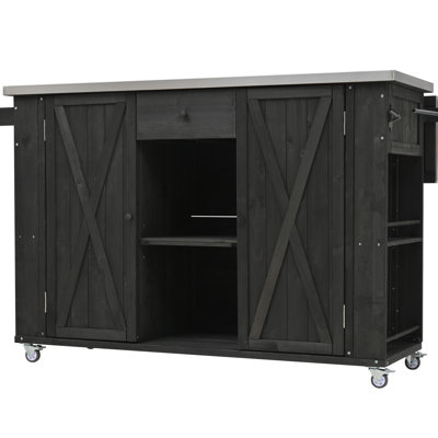 Îlot de cuisine extérieur en bois de sapin et en acier inoxydable avec rangement polyvalent, porte-serviettes, ouvre-bouteille d'épices, se déplace facilement et en douceur sur le dessus