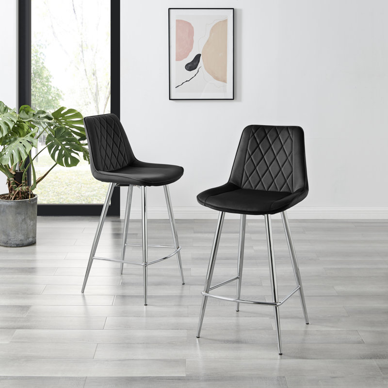 Palermo Luxury Quilted Breakfast Bar Stool - Velvet Upholstered Design, Black, Silver